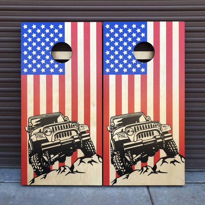 American Jeep Crawl cornhole board set with garage background