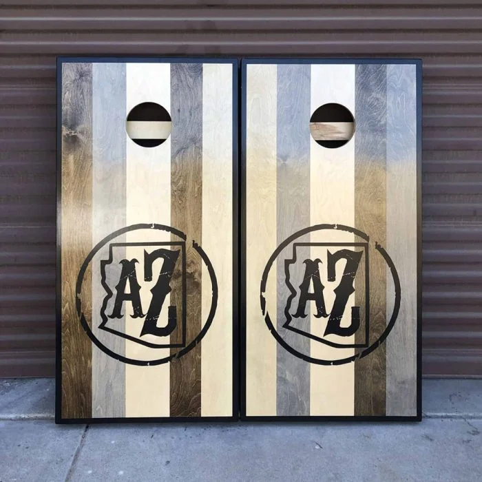 Arizona Branded cornhole board set with garage background