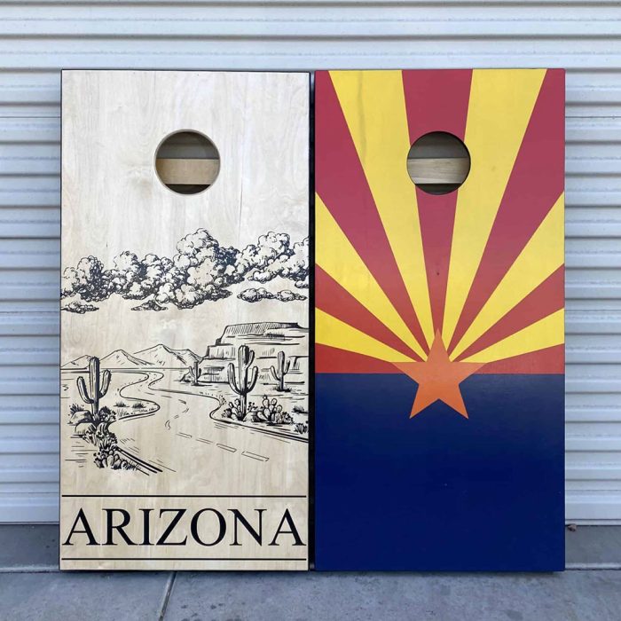 Arizona Fanatic cornhole board with garage background