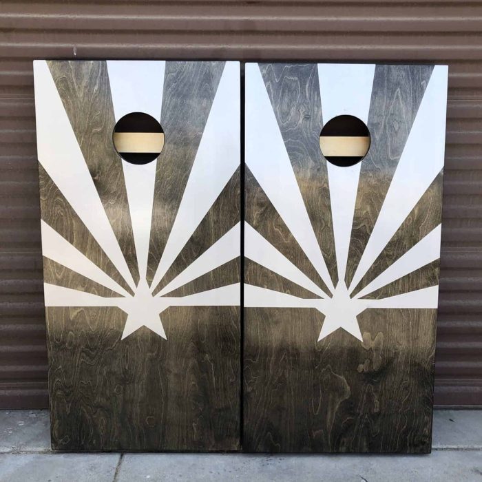 Arizona Flag Onyx Metallic cornhole board with garage background