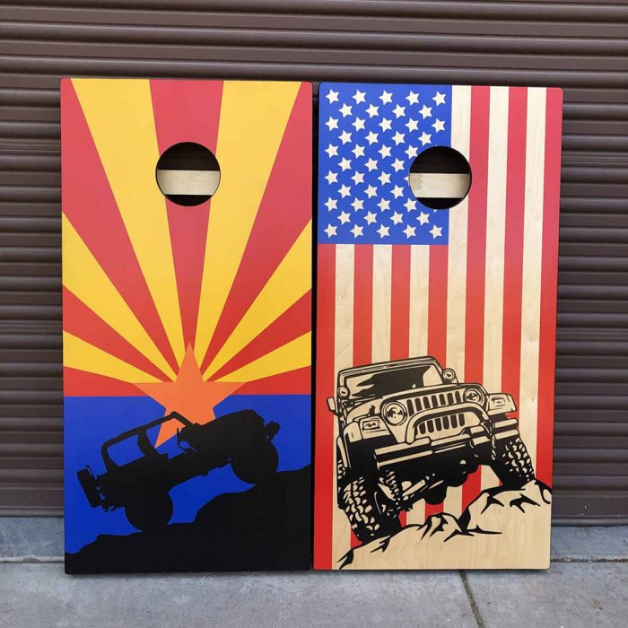 Arizona Jeep Crawl cornhole board with garage background