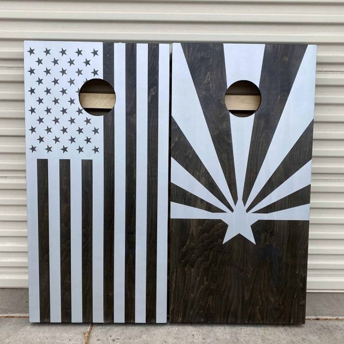 Arizona US Flag Onyx Metallic cornhole board with garage background