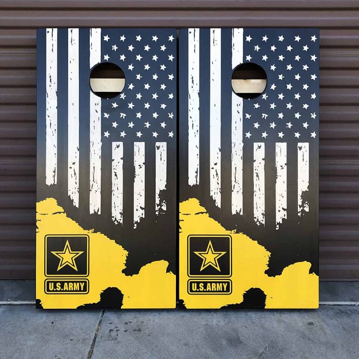 Army Distressed Flag cornhole board with garage background