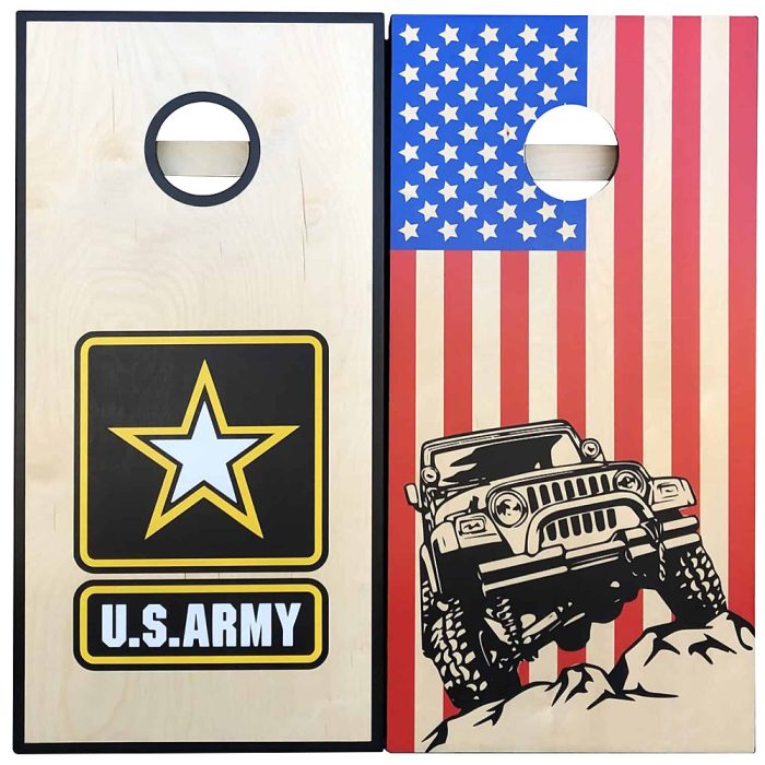 Army Jeep Crawl cornhole board on white background