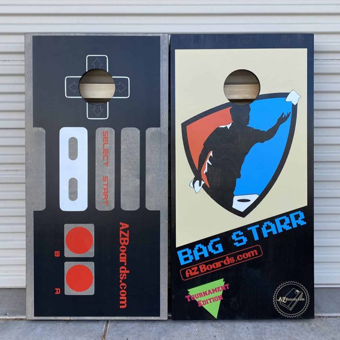 Bag Starr™ Tournament Edition cornhole board with garage background