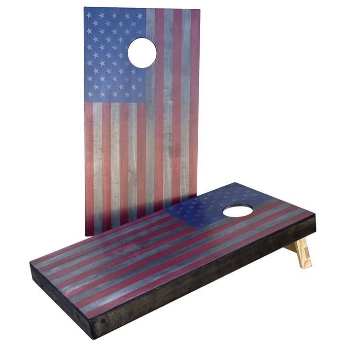 Battle Worn American Flag cornhole board on white background