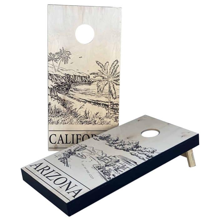 California cornhole boards featuring Cali Transplant hand painted design with palm trees, waves, and Arizona desert scene on premium wood