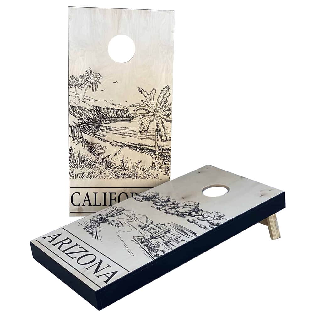 California cornhole boards featuring Cali Transplant hand painted design with palm trees, waves, and Arizona desert scene on premium wood