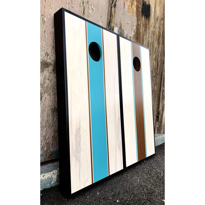 Classy Bronze and Turquoise cornhole board in natural light
