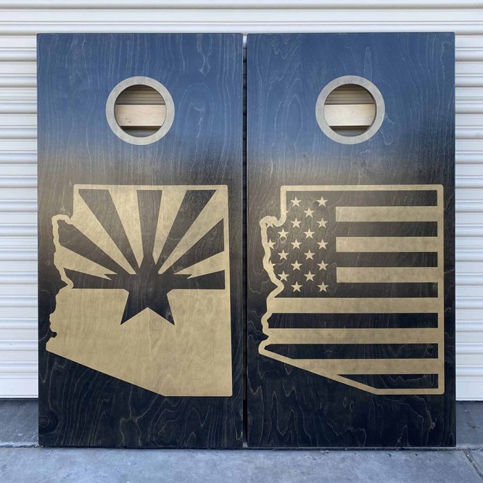 Copper US Arizona Pride cornhole board with garage background