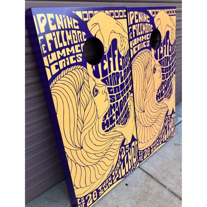 Fillmore Rock Poster cornhole board with garage background