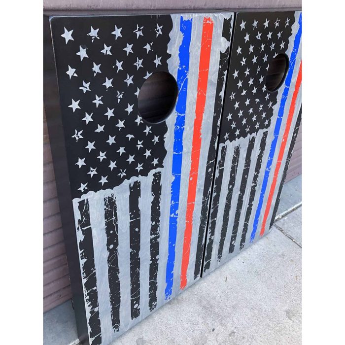 First Responder flag cornhole board with garage background