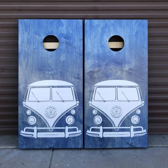 Front End VW Bus cornhole board in natural light