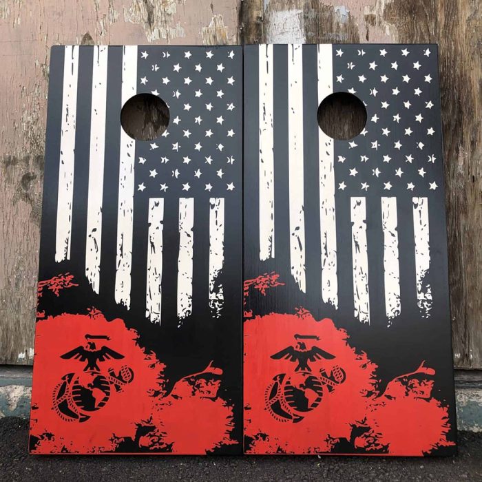 Marines Distressed Flag cornhole board in natural light