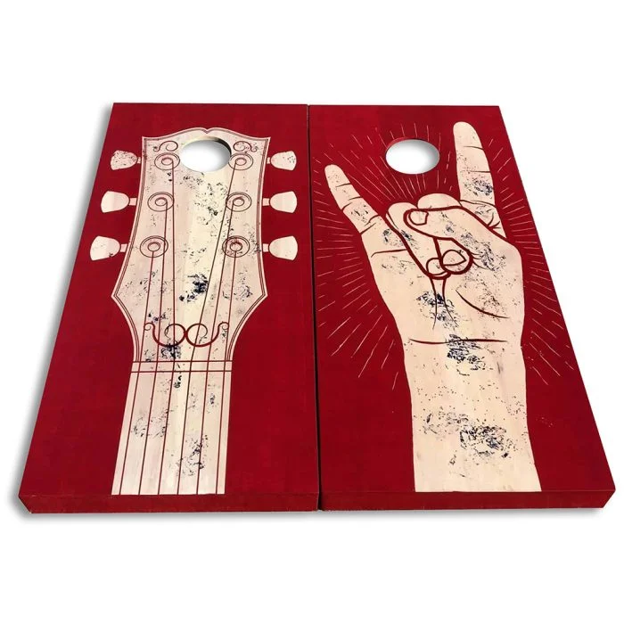 Red Rocker cornhole board on white background