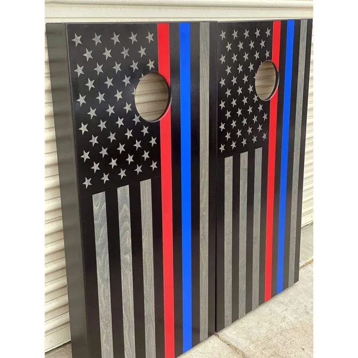 Smoke Gray First Responder Flag cornhole board with garage background