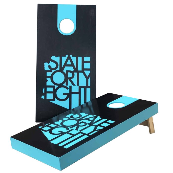 State Forty Eight Black and Turquoise cornhole board on white background