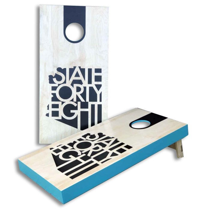 State Forty Eight Natural Wood Black and Turquoise cornhole board on white background