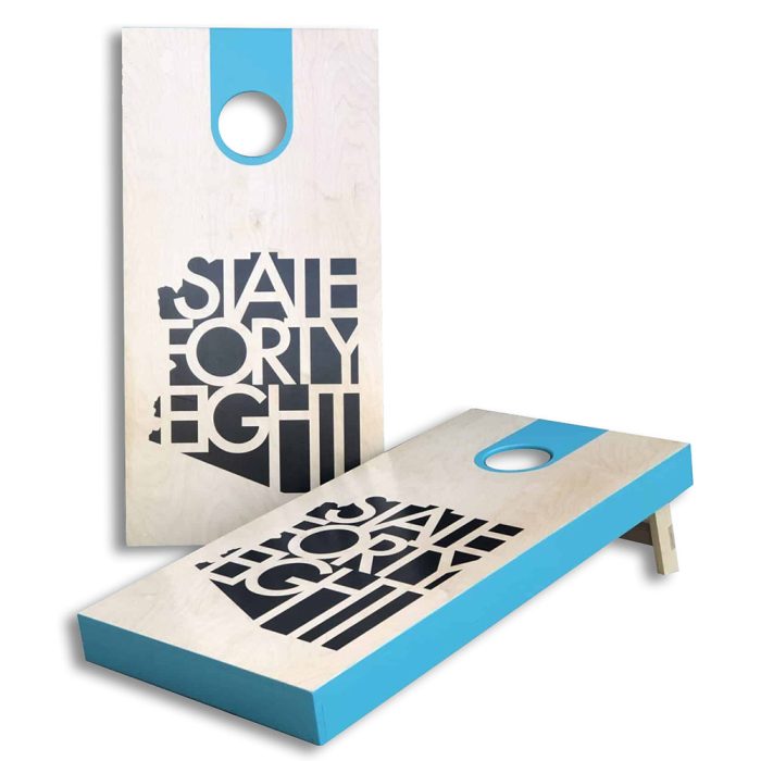 State Forty Eight Natural Wood and Turquoise cornhole board on white background