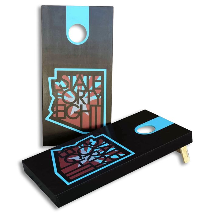 State Forty Eight Red, Teal, and Black Flag cornhole board on white background