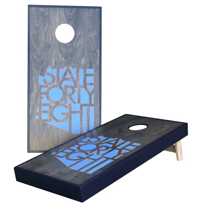 State Forty Eight Smoke Gray and Blue cornhole board on white background