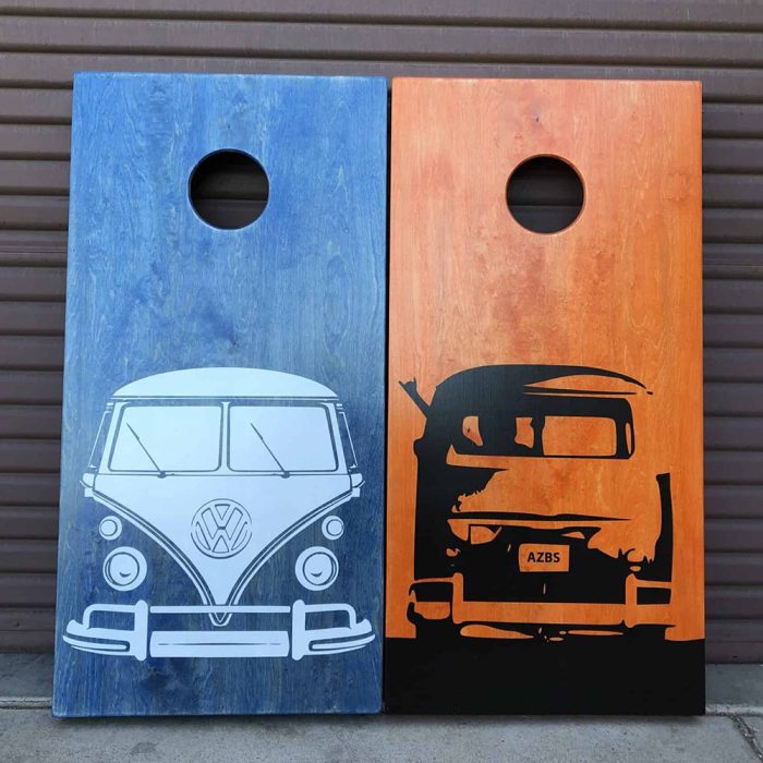 Vintage VW Bus cornhole boards with natural light