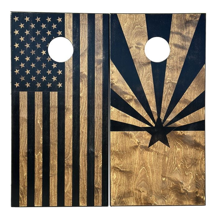 Walnut Arizona and US Flag Cornhole Boards on white background