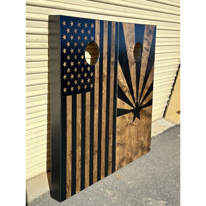 Walnut AZ US Flag cornhole board in natural light