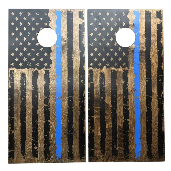 Walnut Thin Blue Line cornhole board on white background