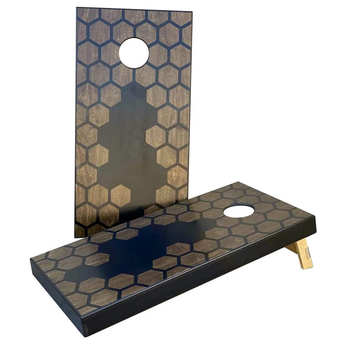 Walnut and Black Honeycomb cornhole board with white background