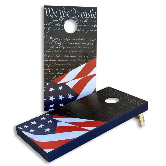 We The People patriotic cornhole board on white background